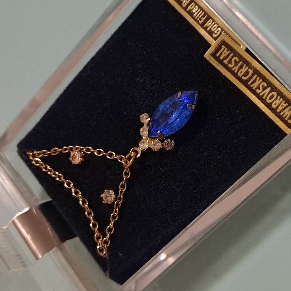 Deadstock Vintage New royal blue Swarovski crystal gold necklace and earrings - Picture 4 of 5